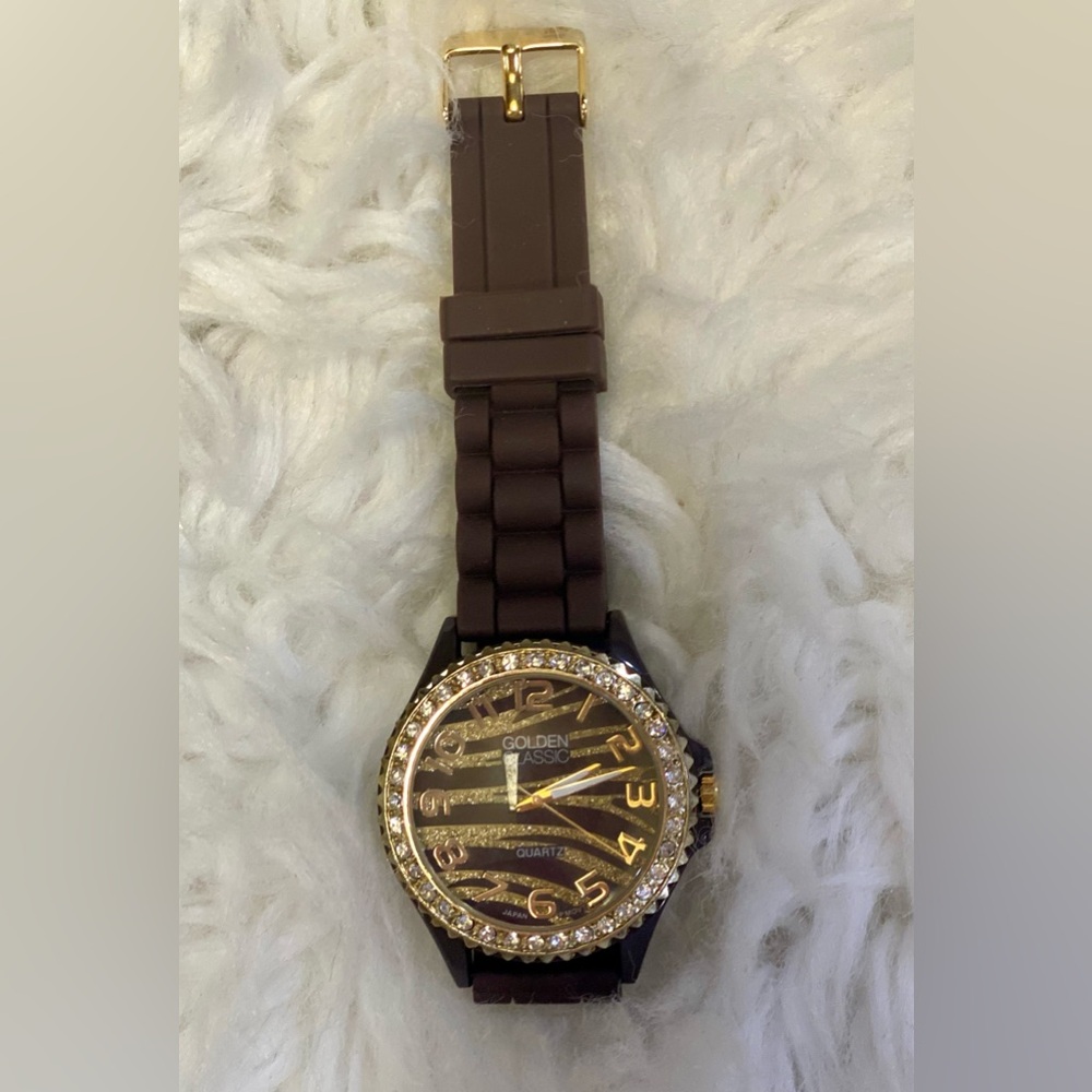 Golden Classic Brown Silicone Band Watch with Leopard Face and Rhinestone Bezel